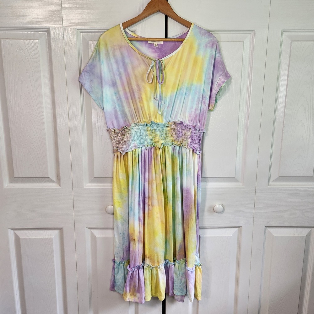 Perfect Peach Pastel Tie Dye Smocked Midi Dress XL Pastel Purple Yellow Blue